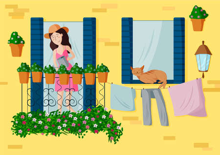 girl in a pink dress and hat watering flowers on the balcony. The cat lies on the windowのイラスト素材