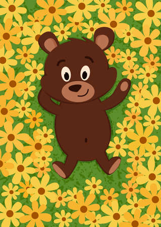 brown teddy bear lies in yellow flowersのイラスト素材