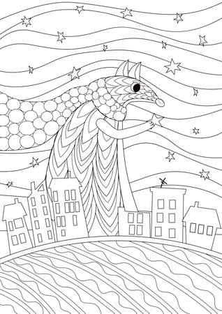 Coloring page for children with a fox, night. Black and white anti-stress paint. Contour paintingのイラスト素材
