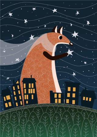 the fox walks over the city at night and attaches the stars to the night skyのイラスト素材