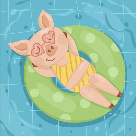 Piglet in a yellow swimsuit on an inflatable circle in the poolのイラスト素材