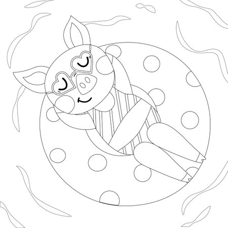 Coloring page with a pig in a swimsuit on an inflatable circle in the poolのイラスト素材