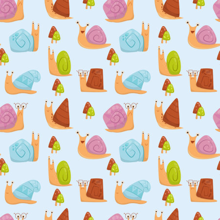 Vector pattern with colored snails and mushroomsのイラスト素材