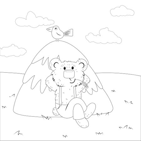Coloring book with a bear in pants sitting by a haystackのイラスト素材