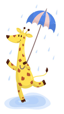 Yellow giraffe jumping through the puddles under an umbrellaのイラスト素材