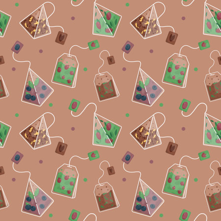 Vector pattern with tea bags on a brown backgroundのイラスト素材
