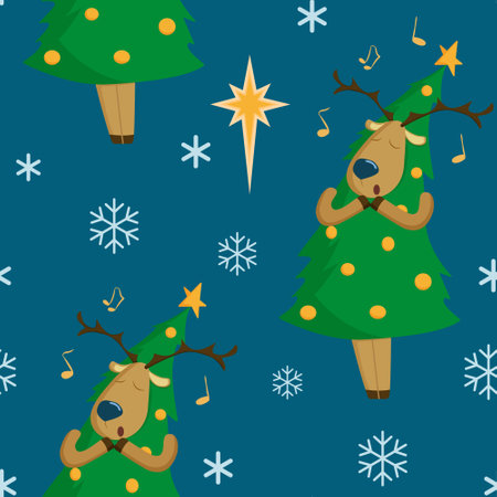 Vector pattern with a deer dressed as a Christmas tree and singing a Christmas songのイラスト素材
