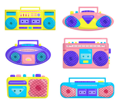 Vector set with bright tape recordersのイラスト素材