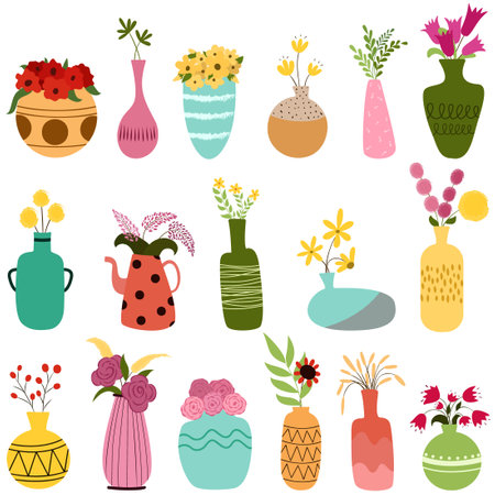 set of vases with flowers and leavesのイラスト素材