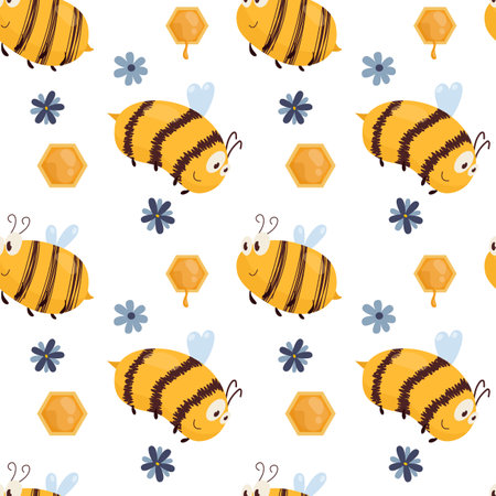 Vector pattern with bees, honeycombs and flowersのイラスト素材