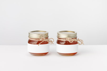 Two Jars with Honey, Twine and white Label on a white background