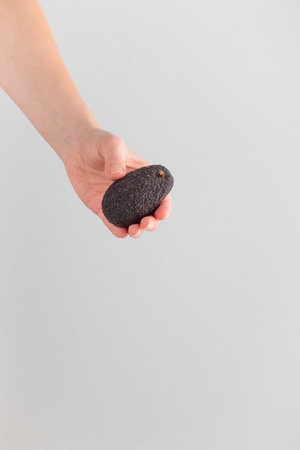 Hand holding an avocado on a white background