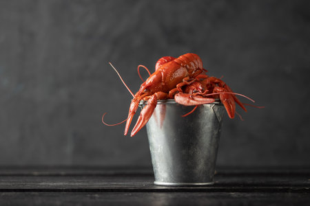 Boiled cooked crayfish ready to eat on black backgroundの写真素材