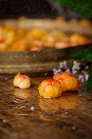 Cloudberry berries with the water dropsの写真素材