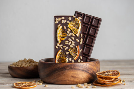 Raw chocolate with lemon and pine nuts on a white background