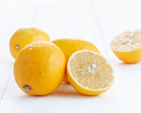Fresh juicy lemon slices on a white backgroundの写真素材