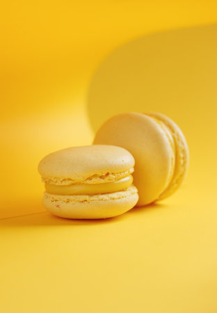 Lemon macaroons on a yellow background verticalの写真素材
