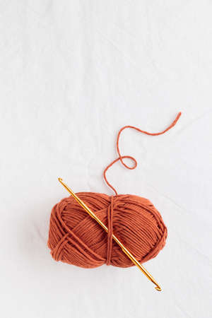 Needlework. Crochet hook and ball of cotton yarn ocher color on a white table, copy spaceの写真素材