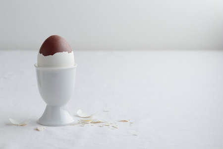 Chocolate egg on white eggs stand holder with copy space