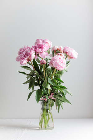 Beautiful bunch of fresh Pastel Pink peonies in full bloom in vase with white background. copy spaceの写真素材