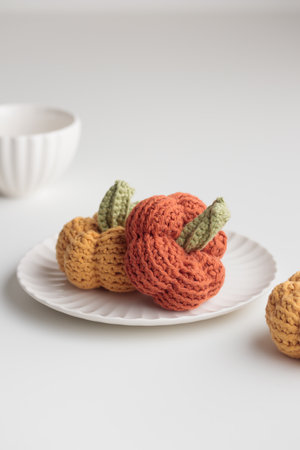 Crocheted orange and yellow pumpkins on a white table with copy spaceの写真素材