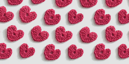 Crocheted amigurumi pink hearts on a white background. Valentine's pattern top view with copyspace