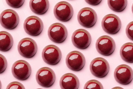 Painted handcrafted chocolate bonbons. Delicious dessert on a pink background pattern