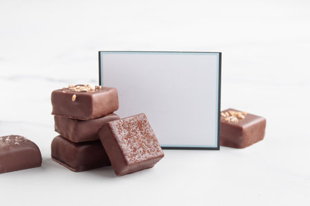 Assortment of chocolate handcrafted bonbons with praline on a white background with copyspace tablet...