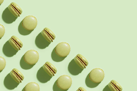 Green pistacio macaroons on green background, colorful french cookies pattern. Gift for 8 March, International Women's Day, Valentine's Day. Horizontal banner with copyspaceの写真素材