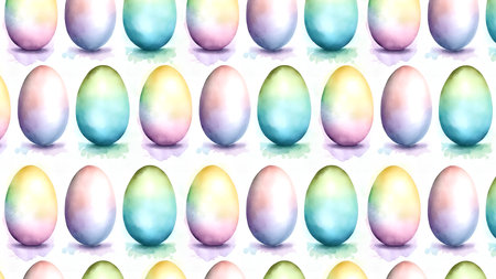 Easter eggs pattern watercolor illustration on a white background, pastel colors, cute egg drawing. horizontal banner. Generative AIの写真素材