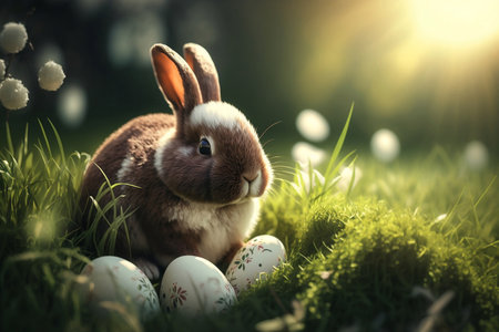 Cute fluffy Easter bunny with eggs in grass, spring and easter. horizontal banner. Generative AIの素材