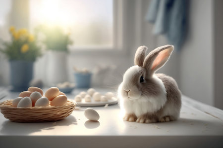 Cute Rabbit with Easter Holiday organic domestic food on table. Little Bunny for Spring Holiday in the farm kitchen, banner. Generative AIの素材