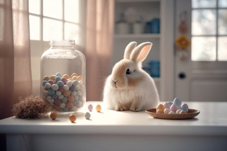 Cute Rabbit with Easter Holiday organic domestic food on table. Little Bunny for Spring Holiday in the farm kitchen, banner. Generative AIの素材
