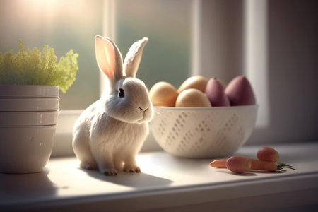 Cute Rabbit with Easter Holiday organic domestic food on table. Little Bunny for Spring Holiday in the farm kitchen, banner. Generative AIの素材