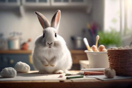 Cute Rabbit with organic domestic sweets on table. Little Bunny for Spring Holiday in the farm kitchen, banner. Generative AIの素材