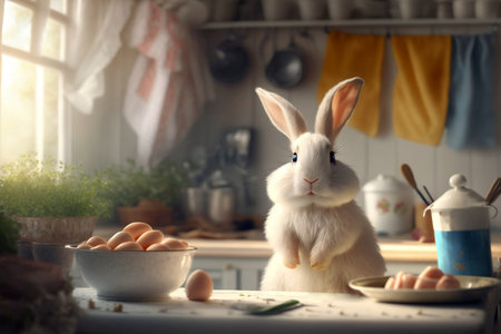 Cute Rabbit with Easter Holiday organic domestic food on table. Little Bunny for Spring Holiday in the farm kitchen, banner. Generative AIの素材