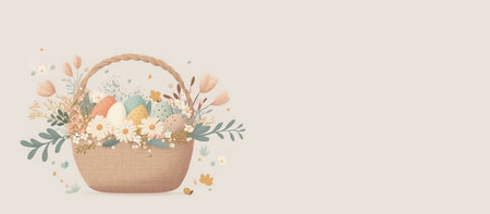 Sticker of Cute Easter yellow chicken with flowers. Illustration, drawing. horizontal banner. Generative AIの素材