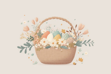 Sticker of Cute Easter yellow chicken with flowers. Illustration, drawing. horizontal banner. Generative AIの素材