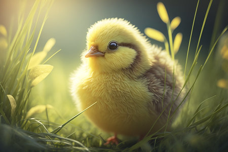 A Cute Easter yellow chicken in the green grass. horizontal banner. Generative AIの素材