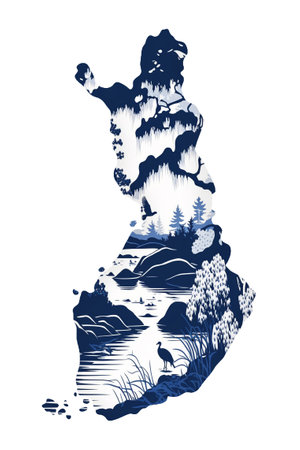 Contour of Finland - detailed map with nature of country painted watercolor in national colors. Generative AIの素材