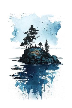 Finland, Finnish nature. Watercolor illustration of island for postcard, poster, vertical banner. Generative AIの素材