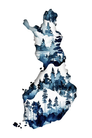 Contour of Finland - detailed map with nature of country painted watercolor in national colors. Generative AIの素材