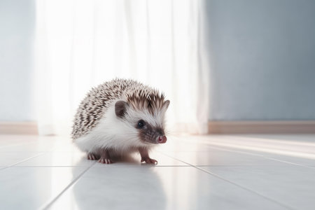 A beautiful cute prickly domestic hedgehog with spikes on a white floor in the house with copy space. Generative AIの素材