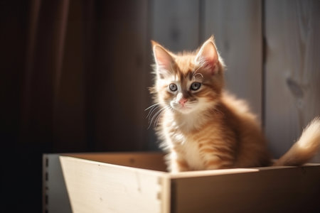 Red kitten sits inside a craft box in a new home, sunny daylight near window with copy space. Generative AIの素材