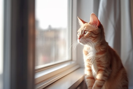 Red fluffy cat sitting on the window sill boring and looking out the window. Generative AIの素材