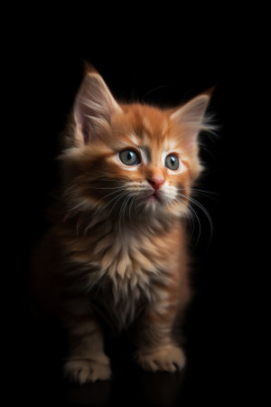 Red fluffy kitten with green eyes sitting on the dark background vertical. Generative AIの素材