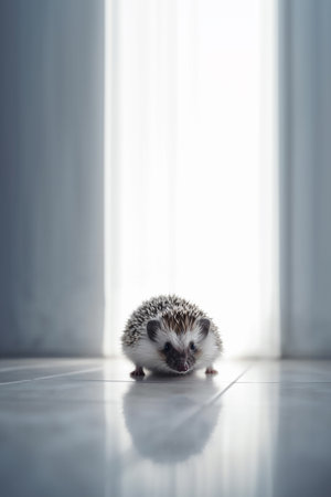 A beautiful cute prickly domestic hedgehog with spikes on a white floor in the house with copy space. Generative AIの素材
