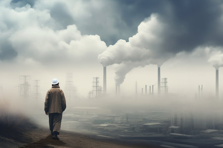 Human in the chemical protection suit, smog and emission from a modern city, concept of global world air pollution in the future, banner with copy space. Generative AIの素材