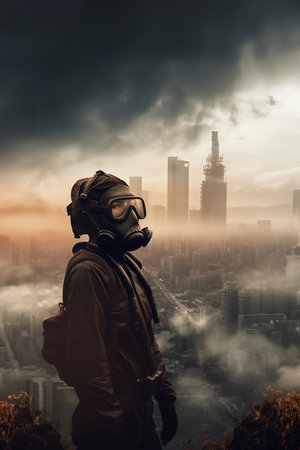 Human in the chemical protection suit, smog and emission from a modern city, concept of global world air pollution in the future, banner with copy space. Generative AIの素材