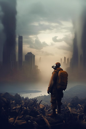 Human in the chemical protection suit, smog and emission from a modern city, concept of global world air pollution in the future, banner with copy space. Generative AIの素材